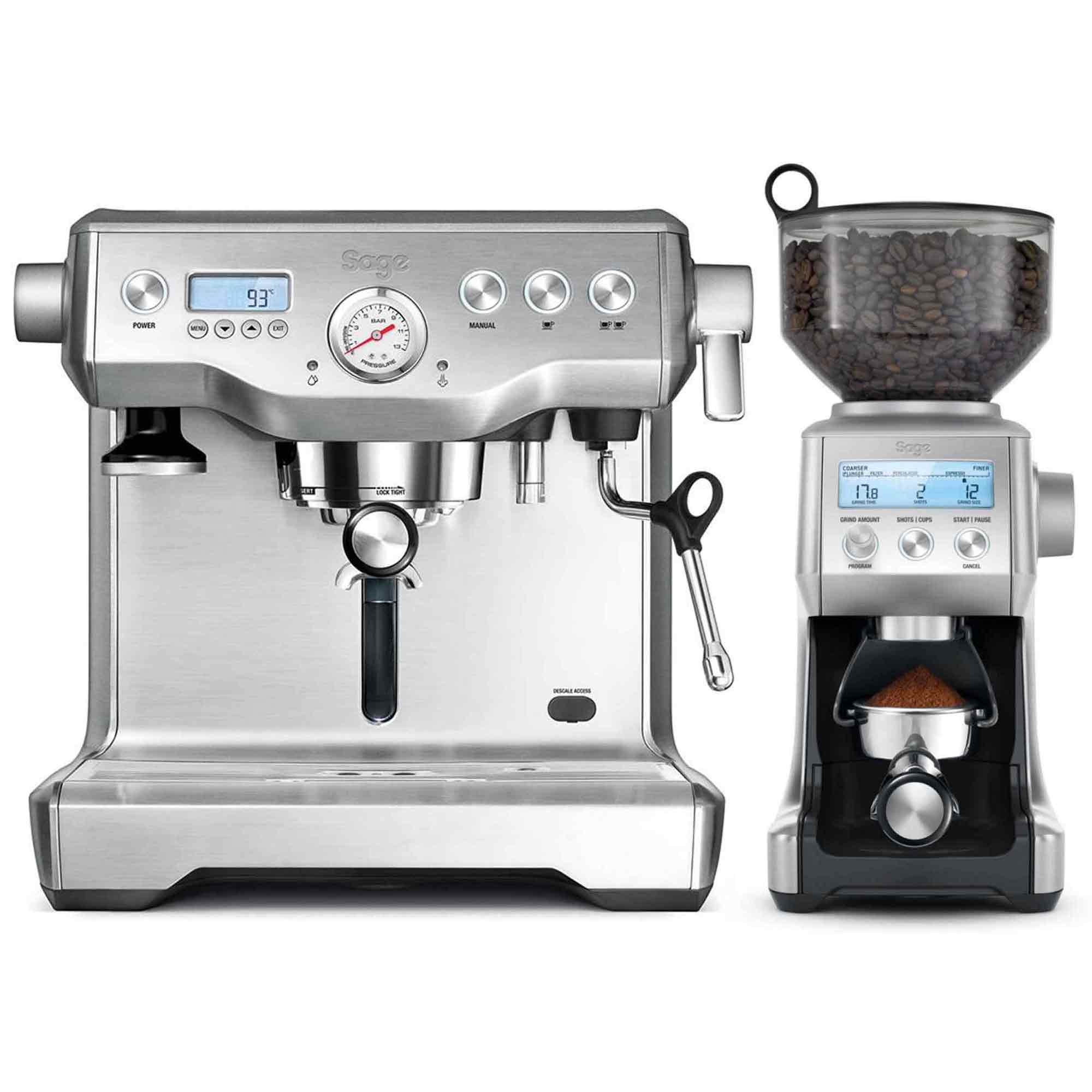 Sage Dynamic Duo espresso machine and grinder package, stainless steel setup for advanced home espresso brewing.